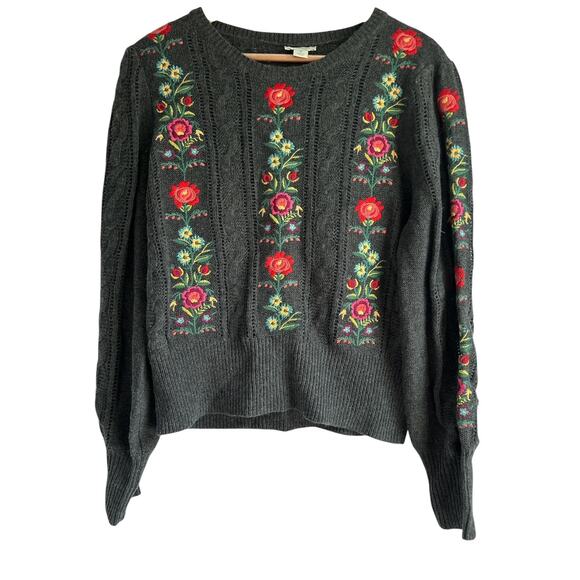 Sundance Sweaters - Sundance Medium Cashmere Wool Blend Boho Floral Cable Knit Embroidered Sweater